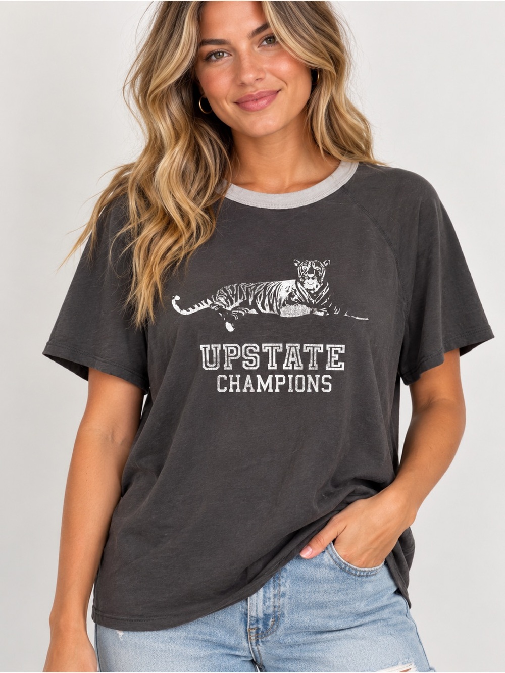 Aerie Upstate Champions Tiger Graphic Ringer Tee Charcoal Gray Large